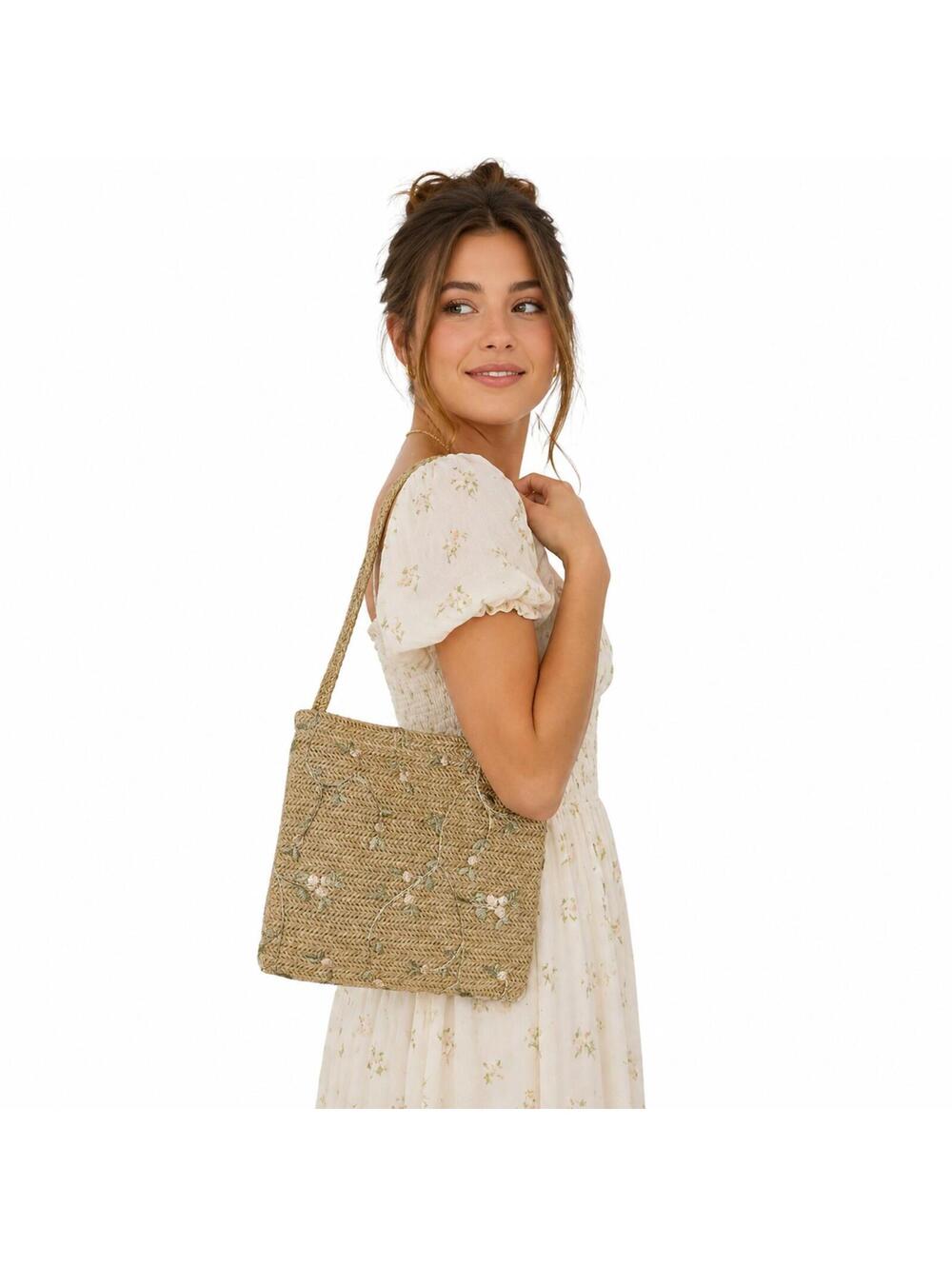 Boho Straw Woven Floral Embroidered Shoulder Bag Cottagecore Natural Fiber Purse